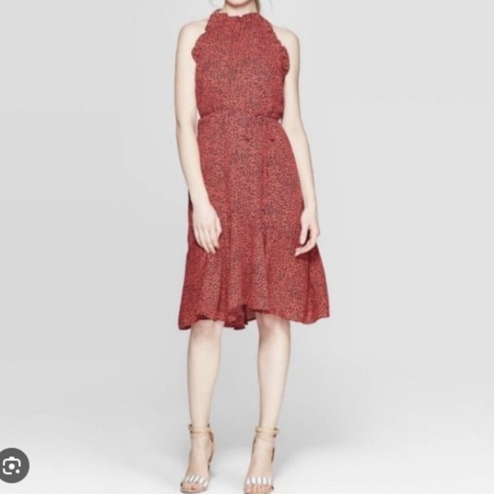 Who What Wear Red Black Leopard Cheetah Animal Print Ruffle Trim Halter Dress